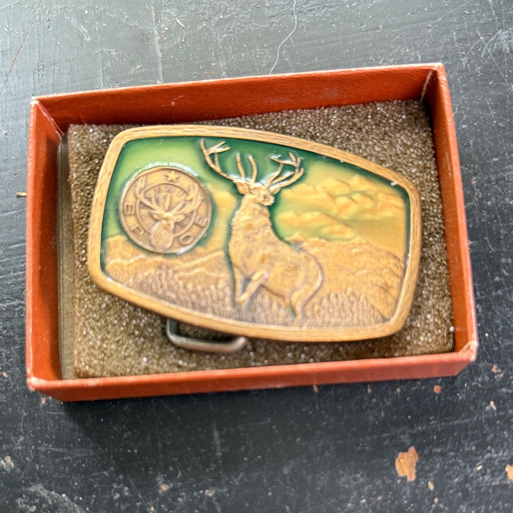 Deer and Compass Belt Buckle Elks Vintage 1981